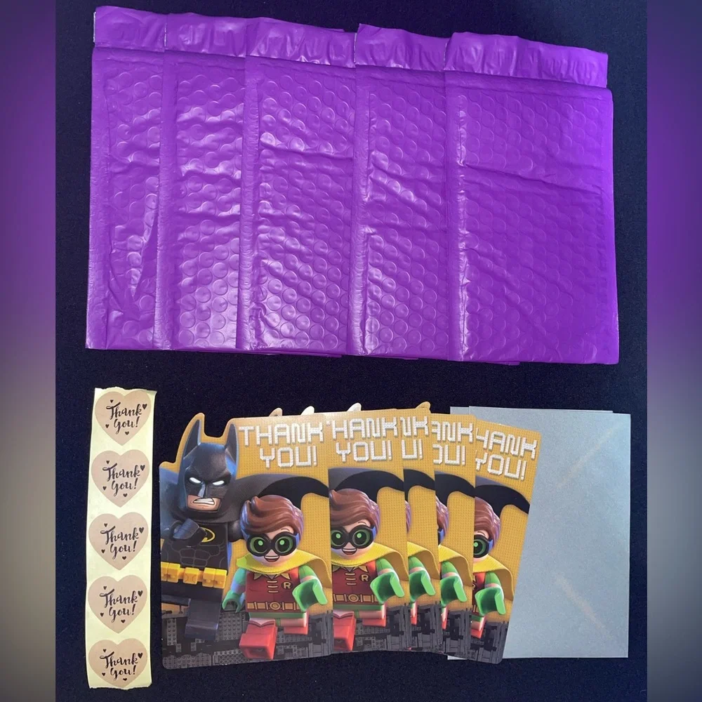 Purple Bubble Mailers with Batman Thank You Cards